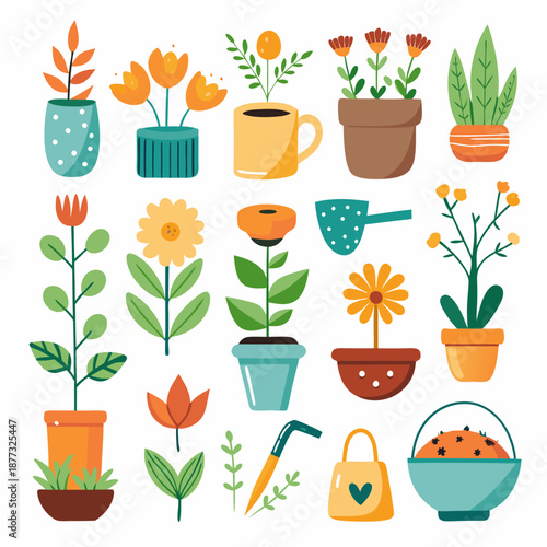 Variety of colorful potted plants and gardening equipment