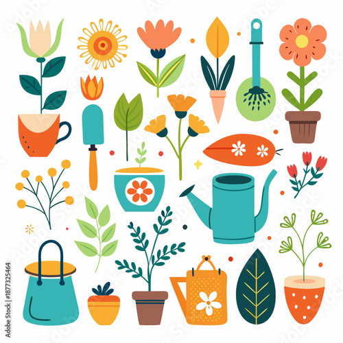 Botanical gardening tools and floral elements flat design composition