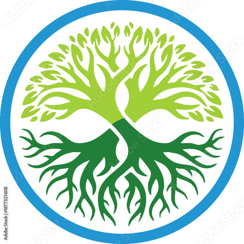 Green Tree of Life Icon with Roots and Leaves Balance.