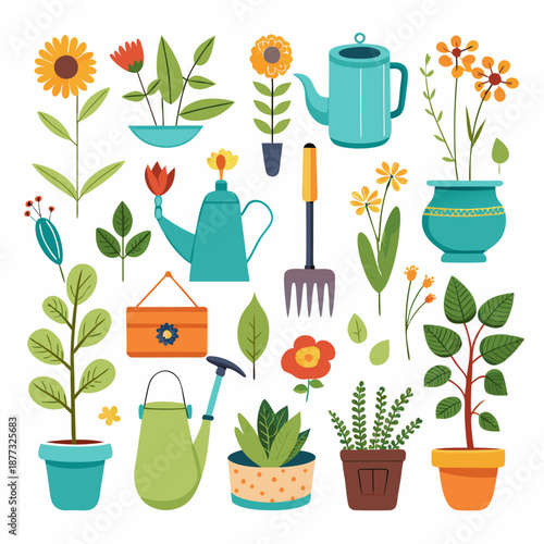 Colorful flat vector graphic of gardening tools and plants