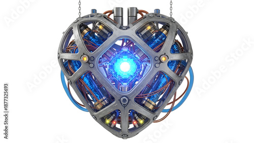 Futuristic heart-shaped energy core glowing with blue light and intricate mechanical details