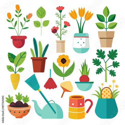 Collection of Flat Design Plants and Gardening Items