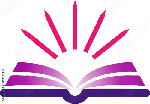 Graphic logo of open book with abstract rising sunburst