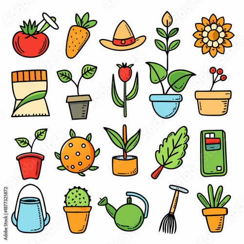 Doodle style illustration of gardening equipment and plants isolated