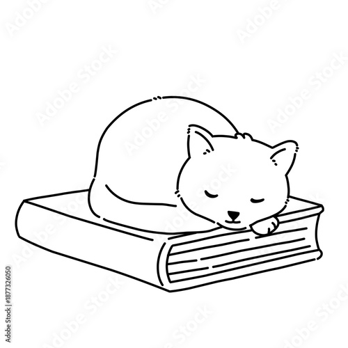 Simple black and white line art of a sleeping cat on a book, minimal illustration representing calmness, learning, rest, and cozy reading moments.