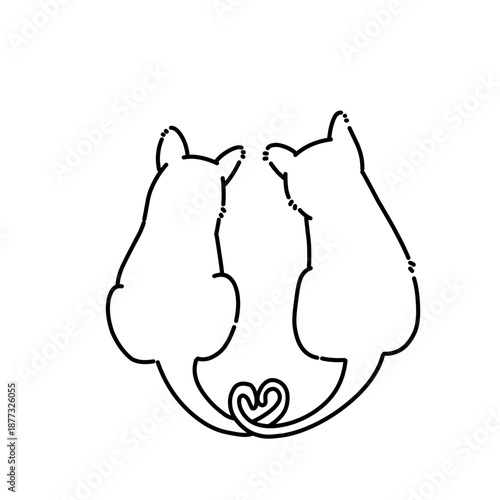 Minimal line art illustration of two cute cats sitting together with tails forming a heart, symbolizing love, friendship, and companionship in simple black outline style.