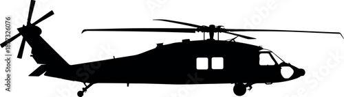 Military Black Hawk Helicopter Silhouette Side View Vector Illustration Isolated on White Background for Army Aviation and Tactical Defense Concept Art