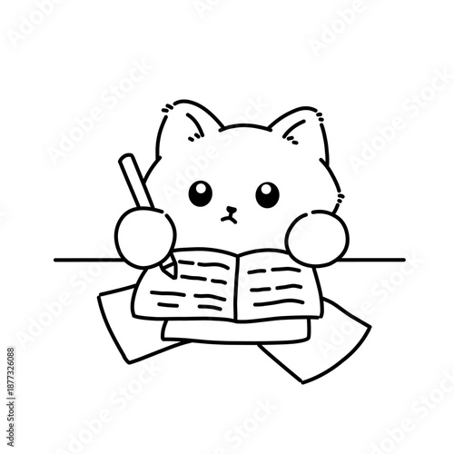 Black and white line art of a cute cat studying with an open book and pencil, minimal illustration symbolizing learning, focus, and education.