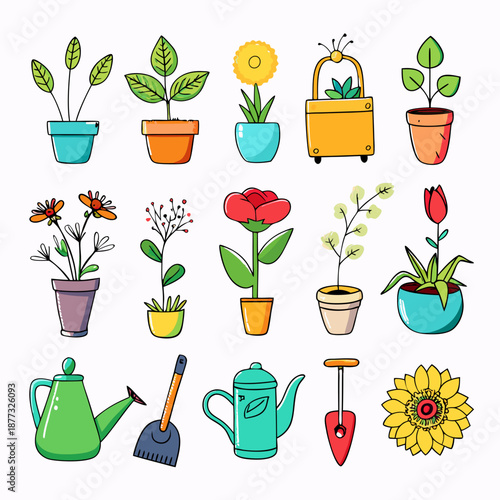 Collection of various potted plants and gardening tools isolated
