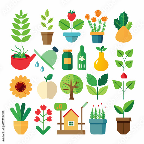 Assorted Flat Design Gardening Elements Vector Illustration Collection