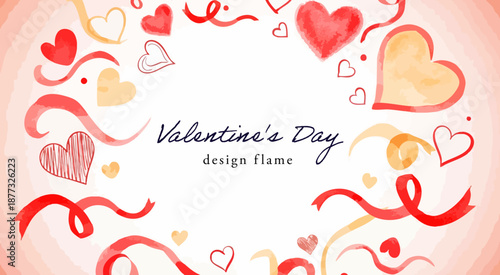 水彩タッチのハートとリボンが囲むバレンタイン背景フレーム｜赤・ピンク・オレンジのやさしい色合いと余白を活かしたロマンチックデザイン素材