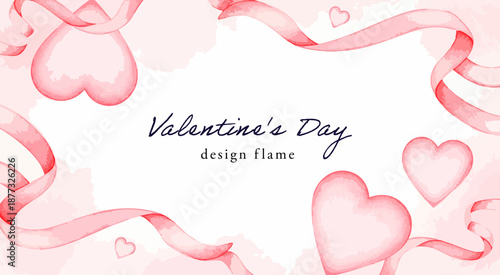 淡いピンクの水彩ハートとリボンが囲むバレンタイン背景フレーム｜やさしく上品な色合いと広い余白を活かした大人向けロマンチックデザイン素材