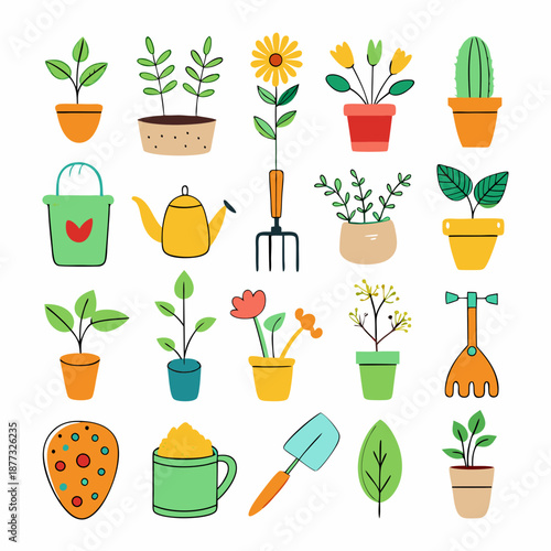 Colorful illustration of potted plants and gardening equipment icons