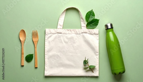 Zero waste travel items including reusable bag cutlery and water bottle on green