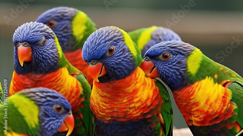 Close-Up of a Group of Vibrant Rainbow Lorikeets Interacting and Preening