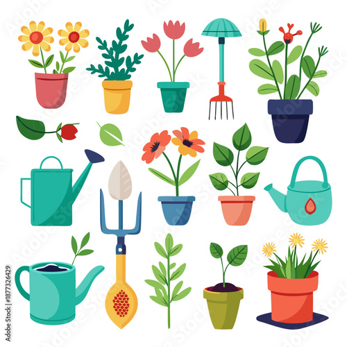 Vector illustration of potted plants and gardening tools set