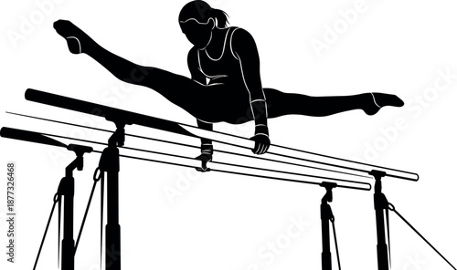 Silhouette of a female gymnast performing a straddle jump on uneven bars, artistic gymnastics sports vector illustration for athletic competition.