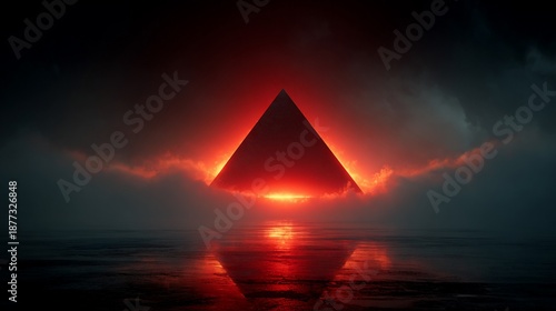 Glowing red pyramid rising from fog and water under dark, ominous sky