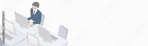 Isometric Office Desk Illustration. Businessmen Working on Laptops with Wide Copy Space