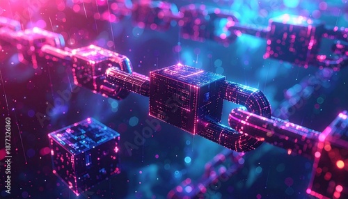 Glowing digital chain links with floating cubes in neon blue and pink light