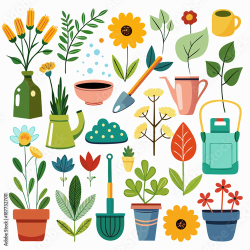 Flat vector set of gardening tools and plants illustration