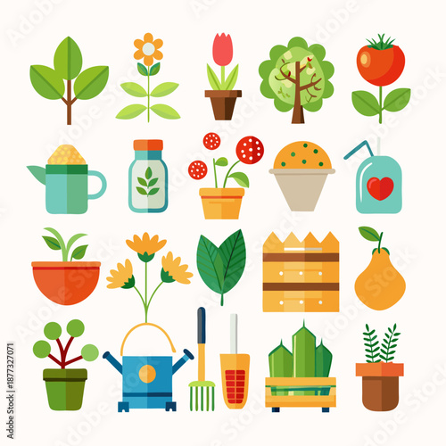 Flat design gardening icons and elements on white background