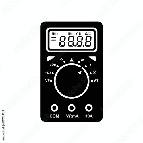 digital multimeter icon in flat line style, featuring LCD screen, central selector dial, and three connection ports. black and white electronic testing tool vector illustration isolated on white backg