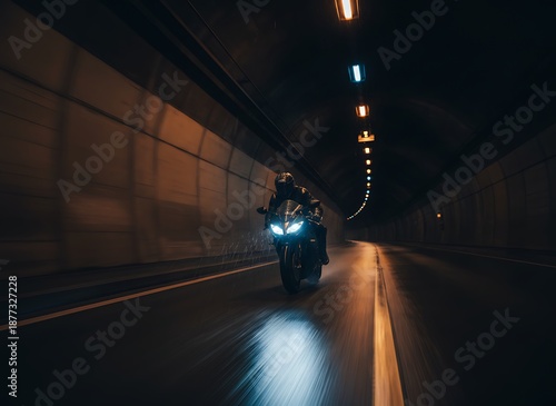 A motorcycle rider speeds through a tunnel with illuminated lights