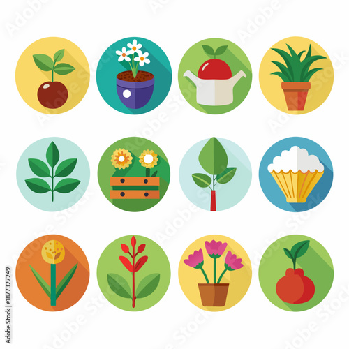 Collection of flat design botanical icons with circle background