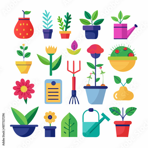 Assorted flat vector gardening tools and potted plants set