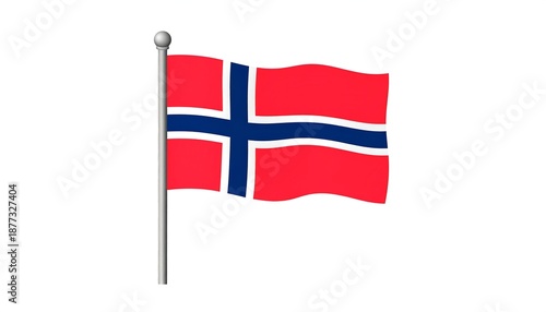A Norwegian flag waving on a silver pole against a white background