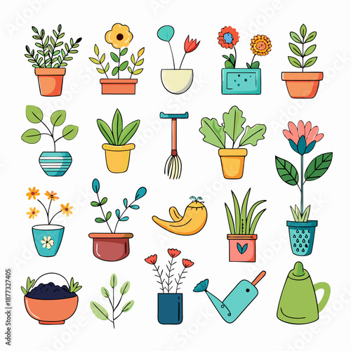 Cartoon Gardening Vector Collection of Flowers Plants and Tools