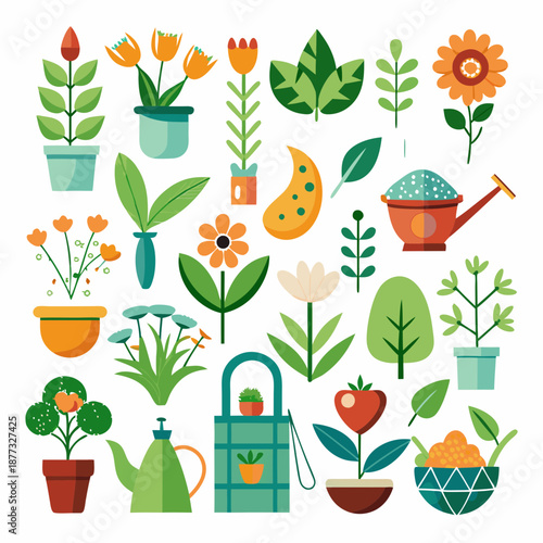 Colorful assortment of stylized plants flowers gardening accessories