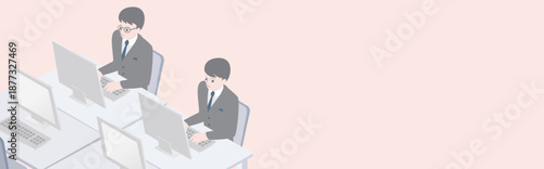 Isometric Office Desk Illustration. Businessmen Working on Laptops with Wide Copy Space