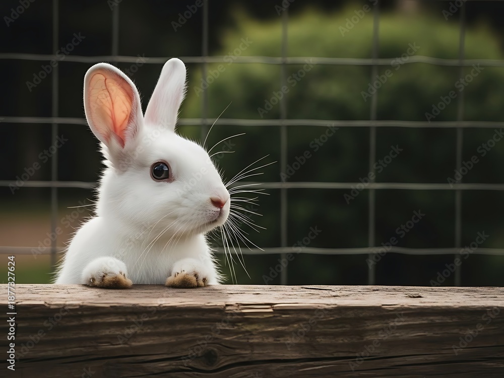 Obraz premium A white rabbit with perked up ears sitting on a wooden fence