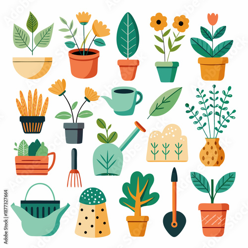 Collection of various potted plants and gardening tools illustration