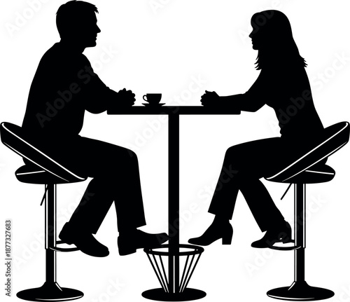 Black silhouette of a couple sitting at a cafe table talking over coffee, romantic date night, urban lifestyle vector illustration.