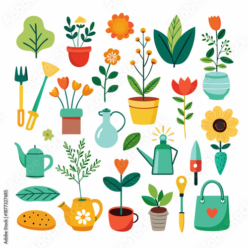 Flat design illustration of diverse gardening tools and plants