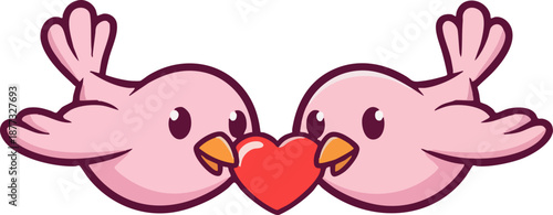 Cute Pink Love Birds Holding Red Heart Vector Illustration