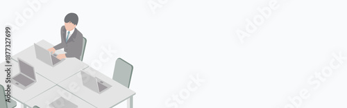 Isometric Office Desk Illustration. Businessmen Working on Laptops with Wide Copy Space