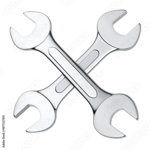 A pair of crossed silver wrenches on a white background
