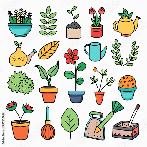Playful assortment of potted plants and gardening equipment