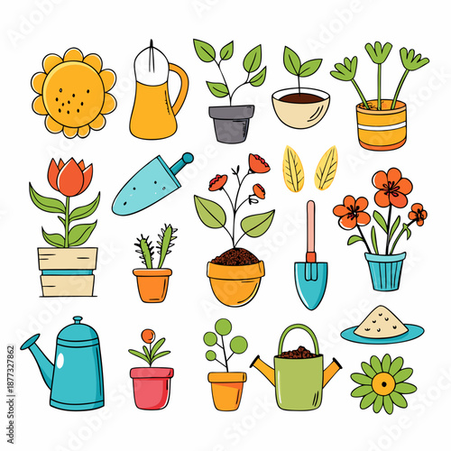 Collection of plants and gardening tools hand drawn style