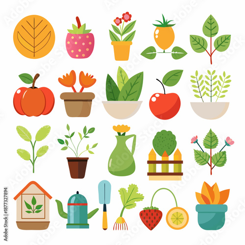 Flat Illustration of Gardening Elements on a White Background