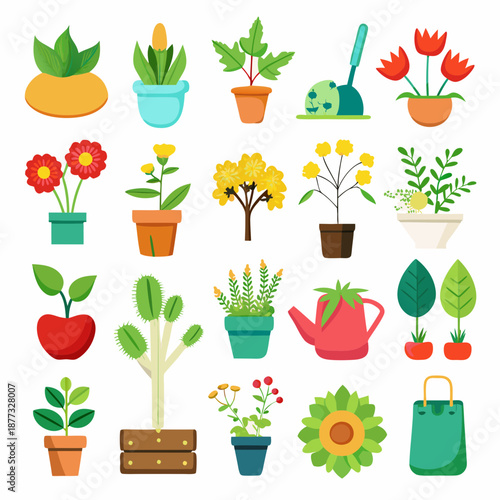 Vibrant collection of potted plants and gardening elements