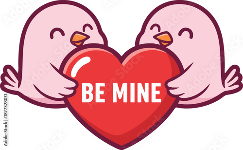 Adorable pink lovebirds holding romantic Be Mine heart illustration