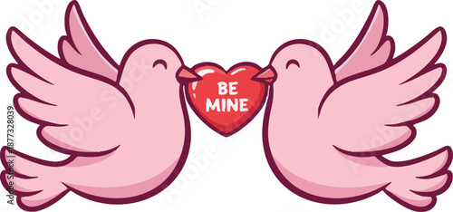 Cartoon Pink Love Birds Holding Red Heart with Be Mine Text