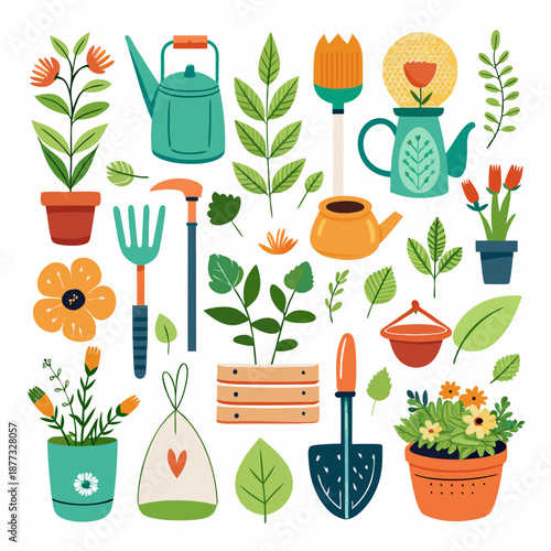 Cartoon garden elements: flowers, watering cans and garden tools