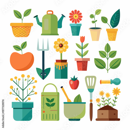 Flat design gardening tools and plants vector illustration