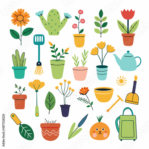 Cheerful gardening tools and potted plants vector illustration isolated